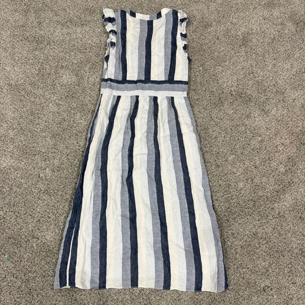 J Crew Point Sur Indigo Striped 100% Linen Midi Dress Button Resort Women’s US 6